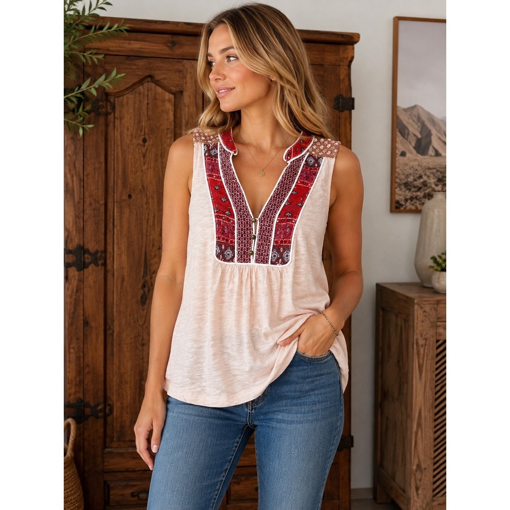 Akemi + Kin Anthropologie Boho Paisley Bib Sleeveless Top Pink Red Small